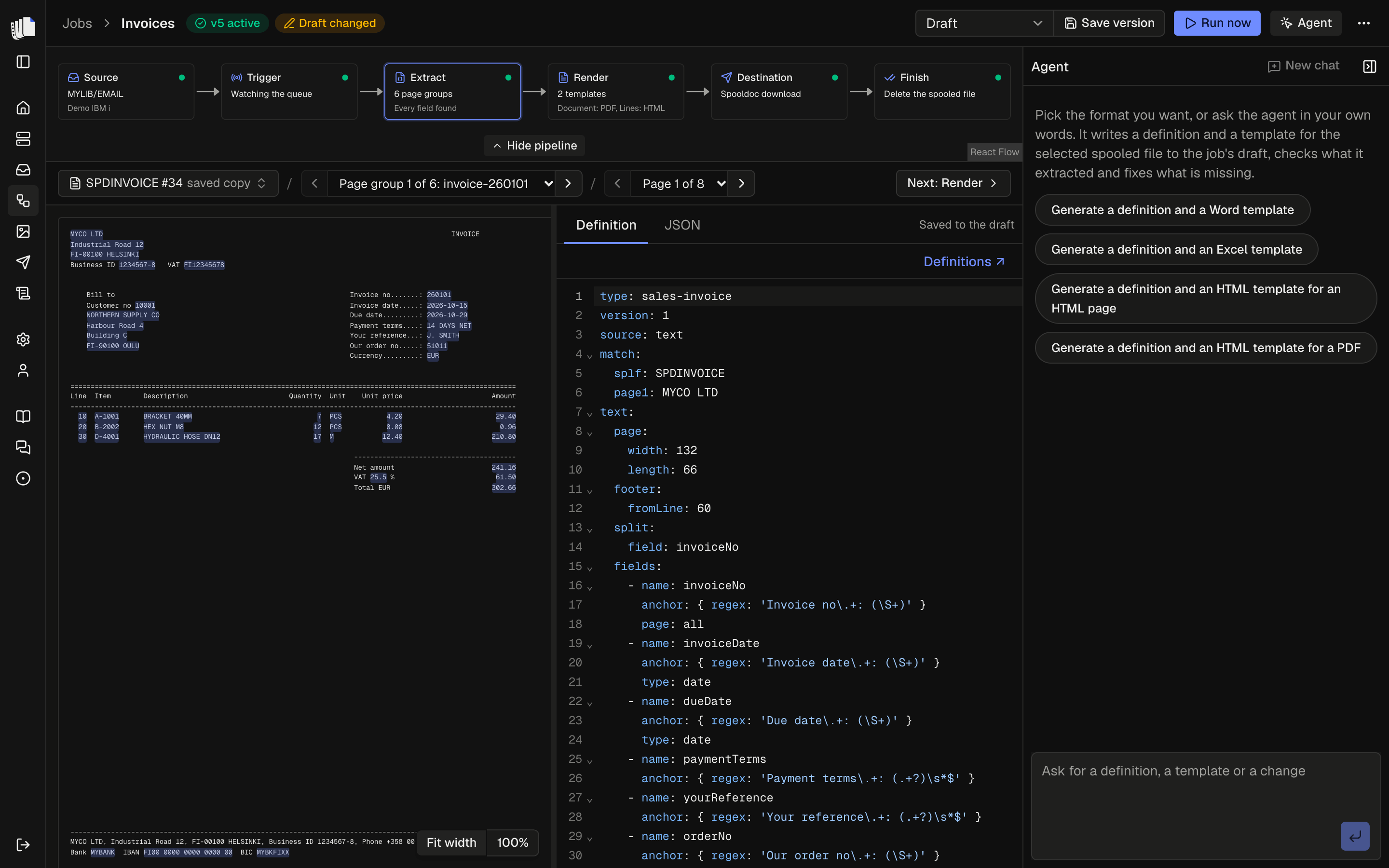 The job builder: the sample invoice page with every extracted field highlighted, the YAML definition beside it, and the agent panel on the right