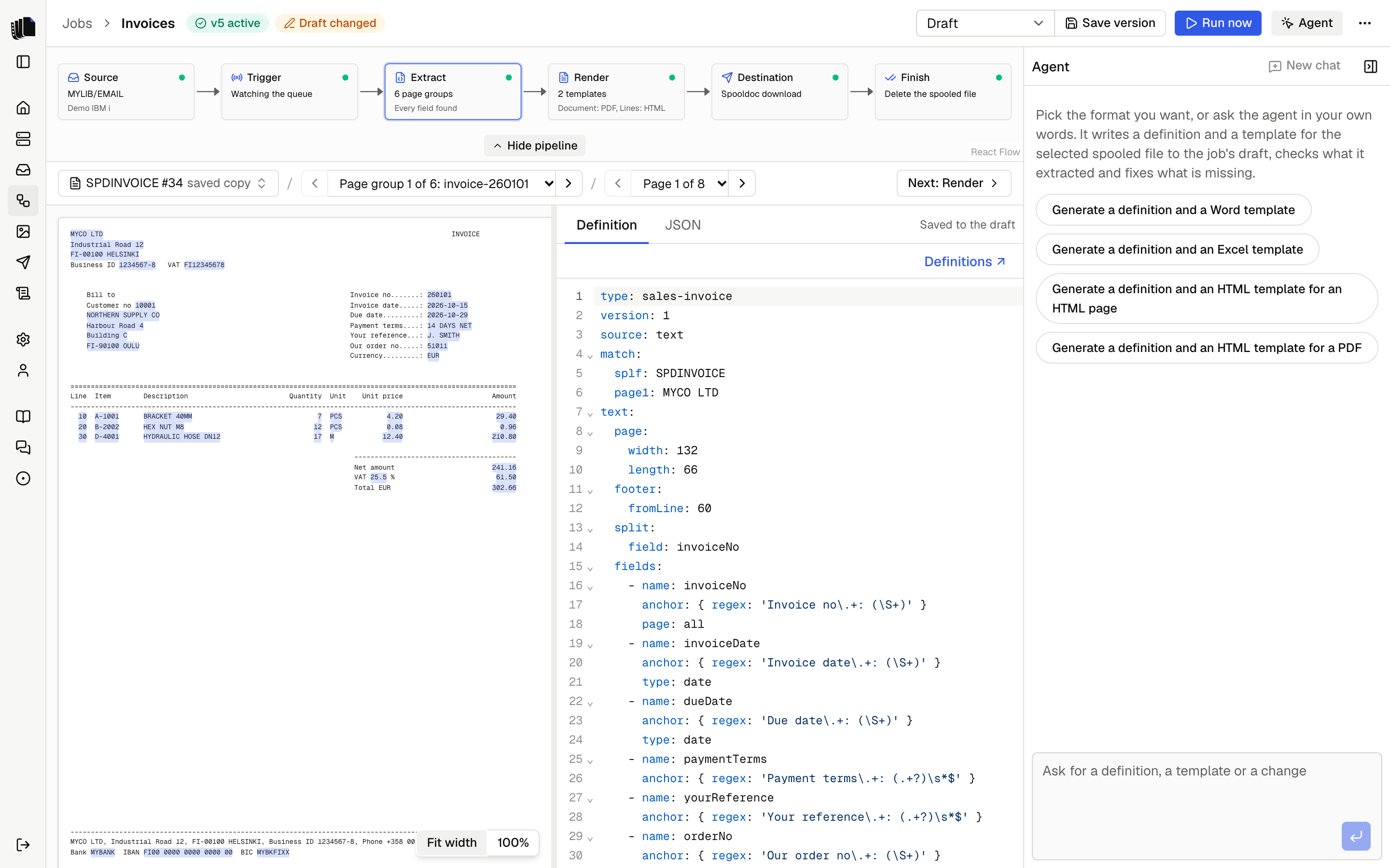 The job builder: the sample invoice page with every extracted field highlighted, the YAML definition beside it, and the agent panel on the right