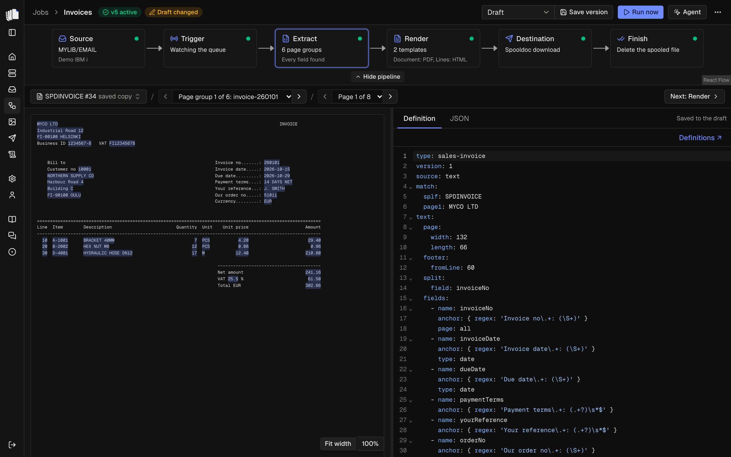 The job builder with the extract step open: six pipeline steps across the top, the sample page with field hits highlighted on the left and the definition editor on the right
