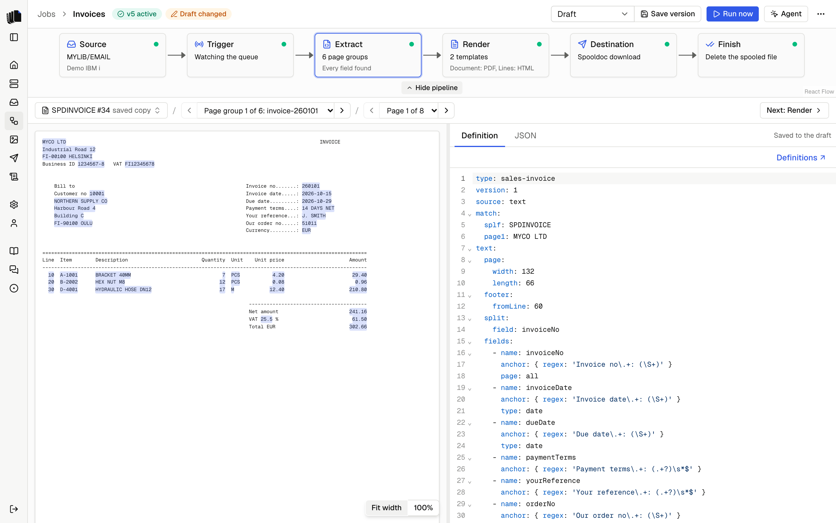 The job builder with the extract step open: six pipeline steps across the top, the sample page with field hits highlighted on the left and the definition editor on the right
