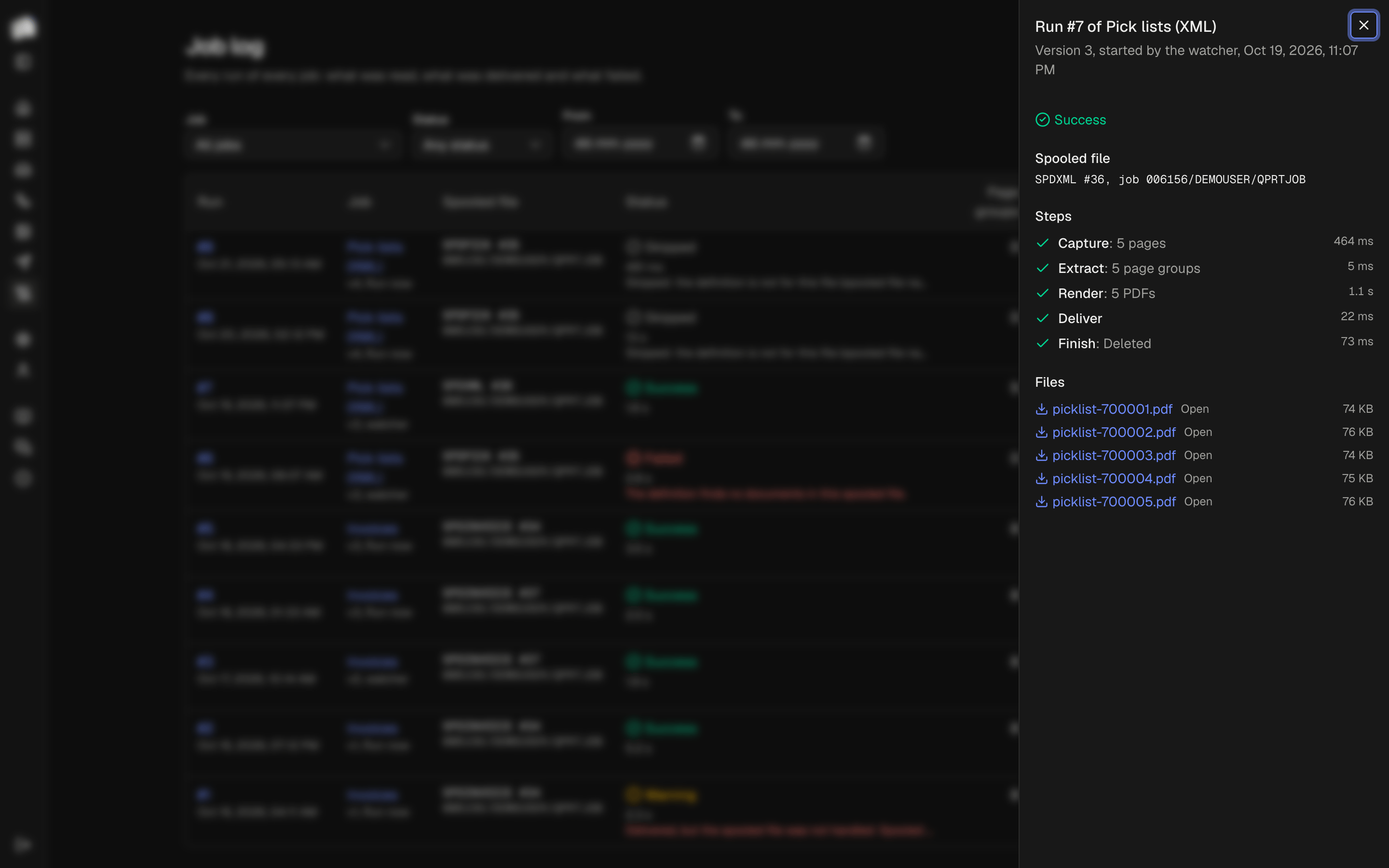 A run opened from the job log: status, the spooled file, the five steps with their timings, and the five delivered PDFs
