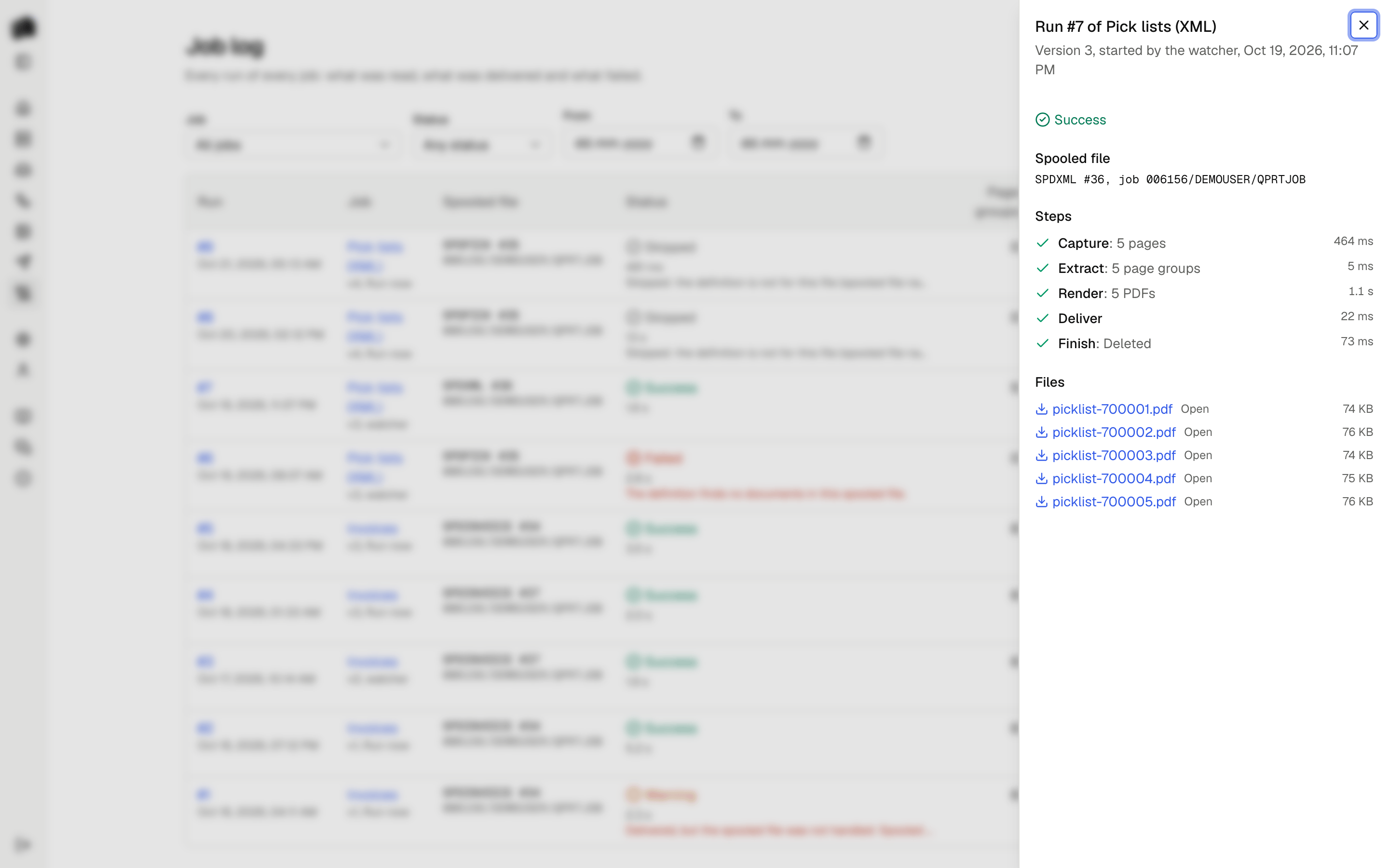 A run opened from the job log: status, the spooled file, the five steps with their timings, and the five delivered PDFs