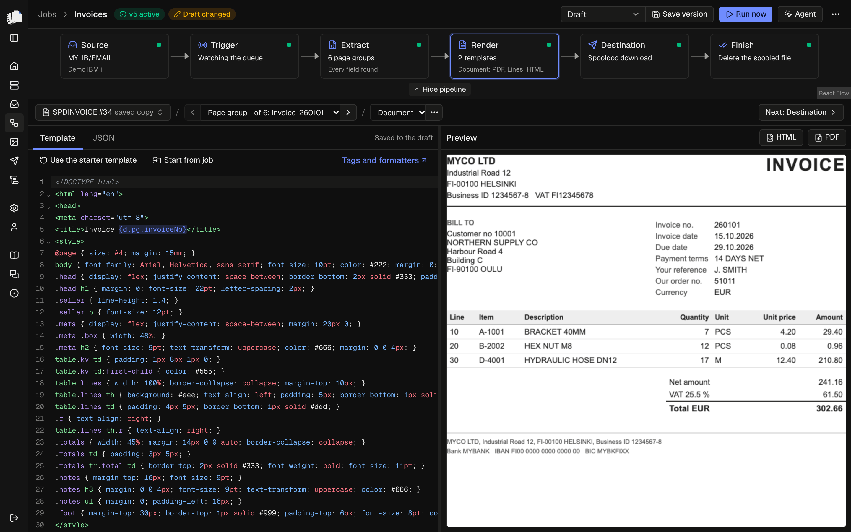 The render step of a job with two templates: the template's HTML in an editor on the left and the rendered invoice preview on the right