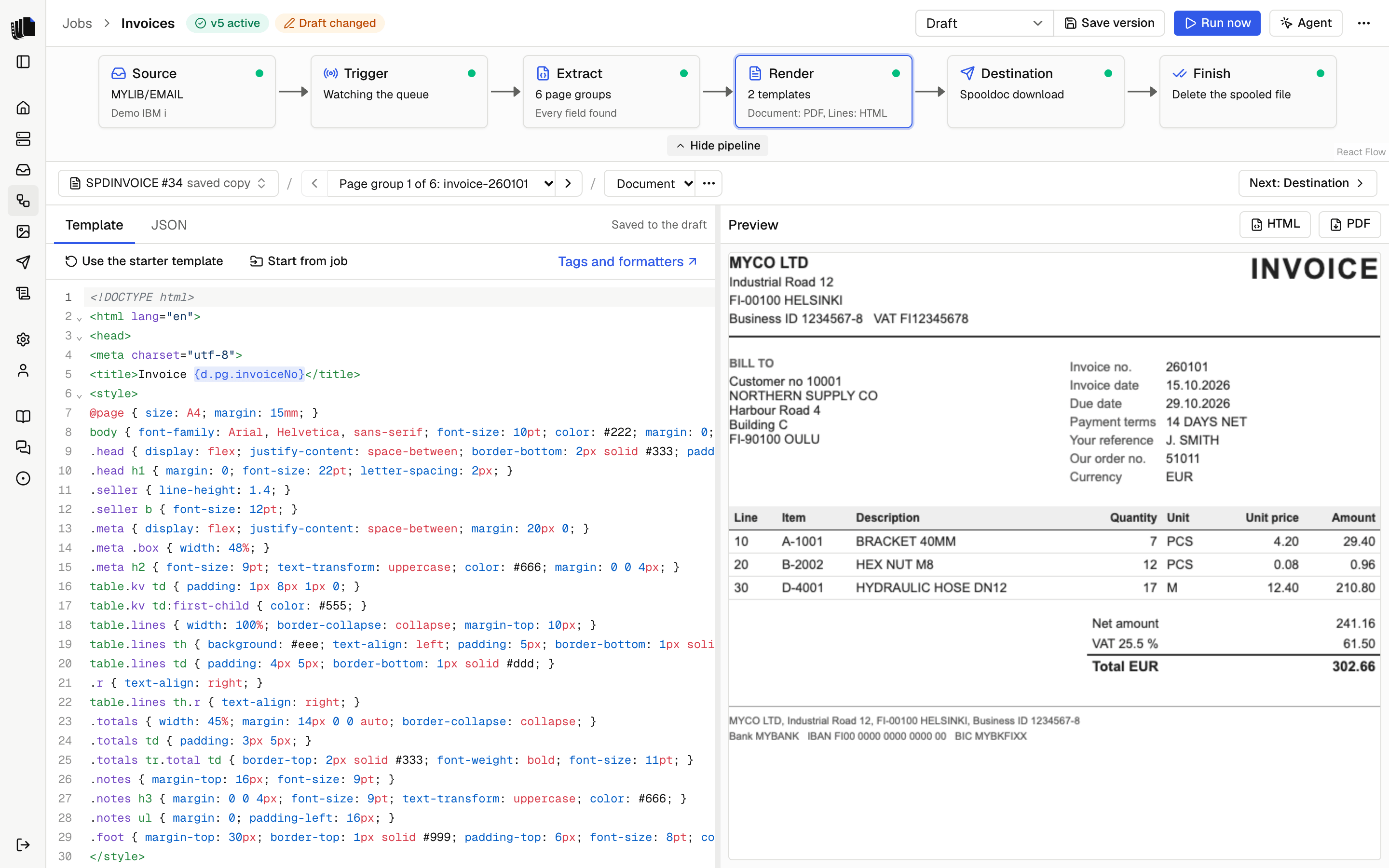 The render step of a job with two templates: the template's HTML in an editor on the left and the rendered invoice preview on the right